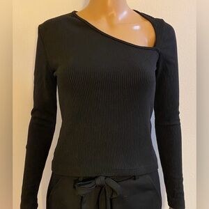 Women SHEIN Black Textured Long Sleeve w/ Diagonal Cut Neck Top